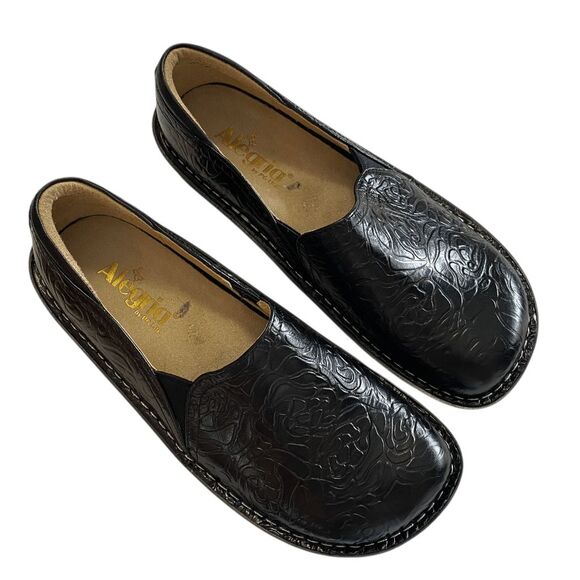 Alegria Debra Clog Professional Women EU 38 Black Leather Embossed Rose Shoes - Picture 3 of 7